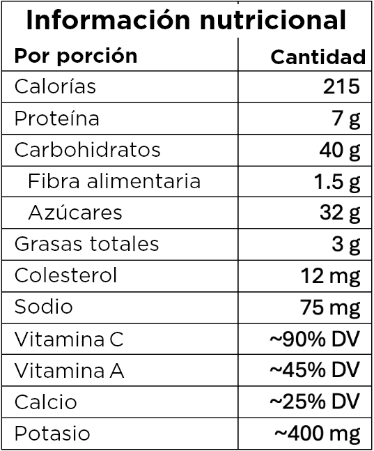 Nutritional information table with portion details in Spanish.
