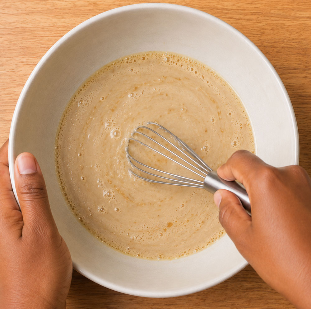 Hands whisking wet muffin batter in a bowl