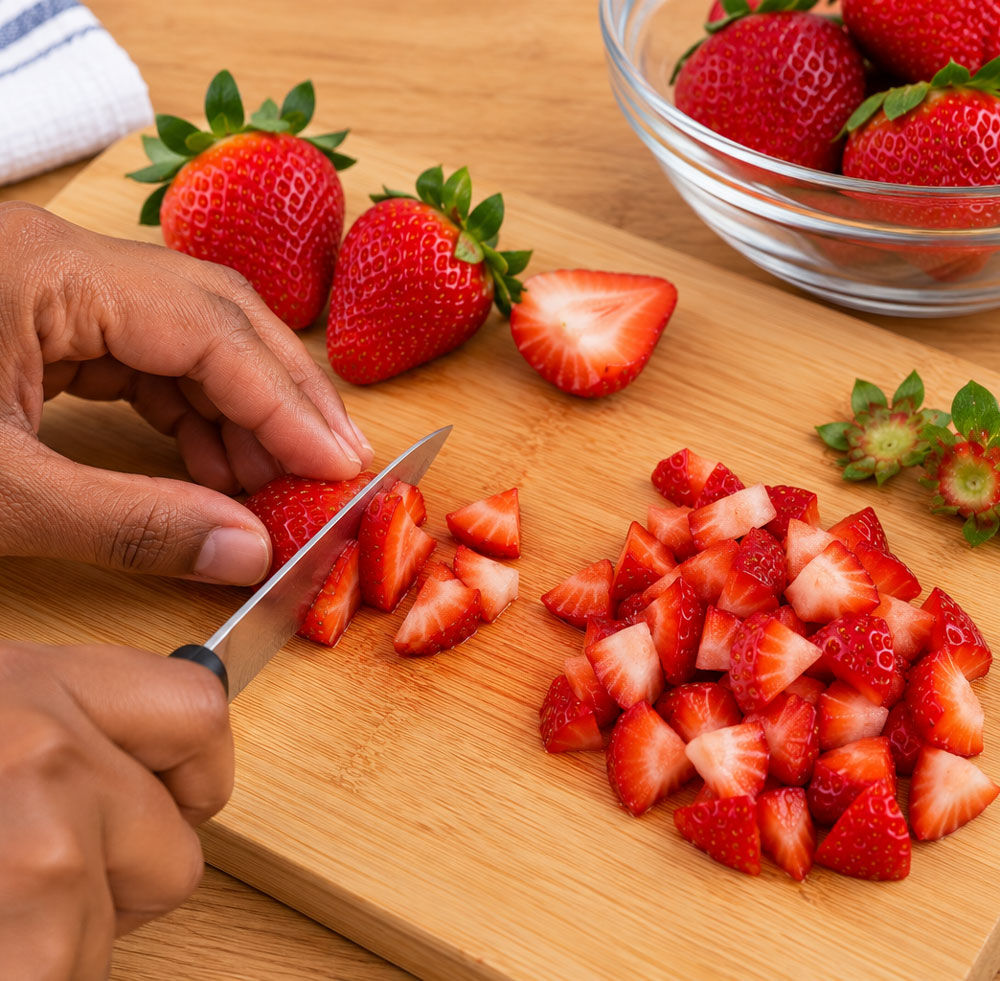 chopping fresh strawberries