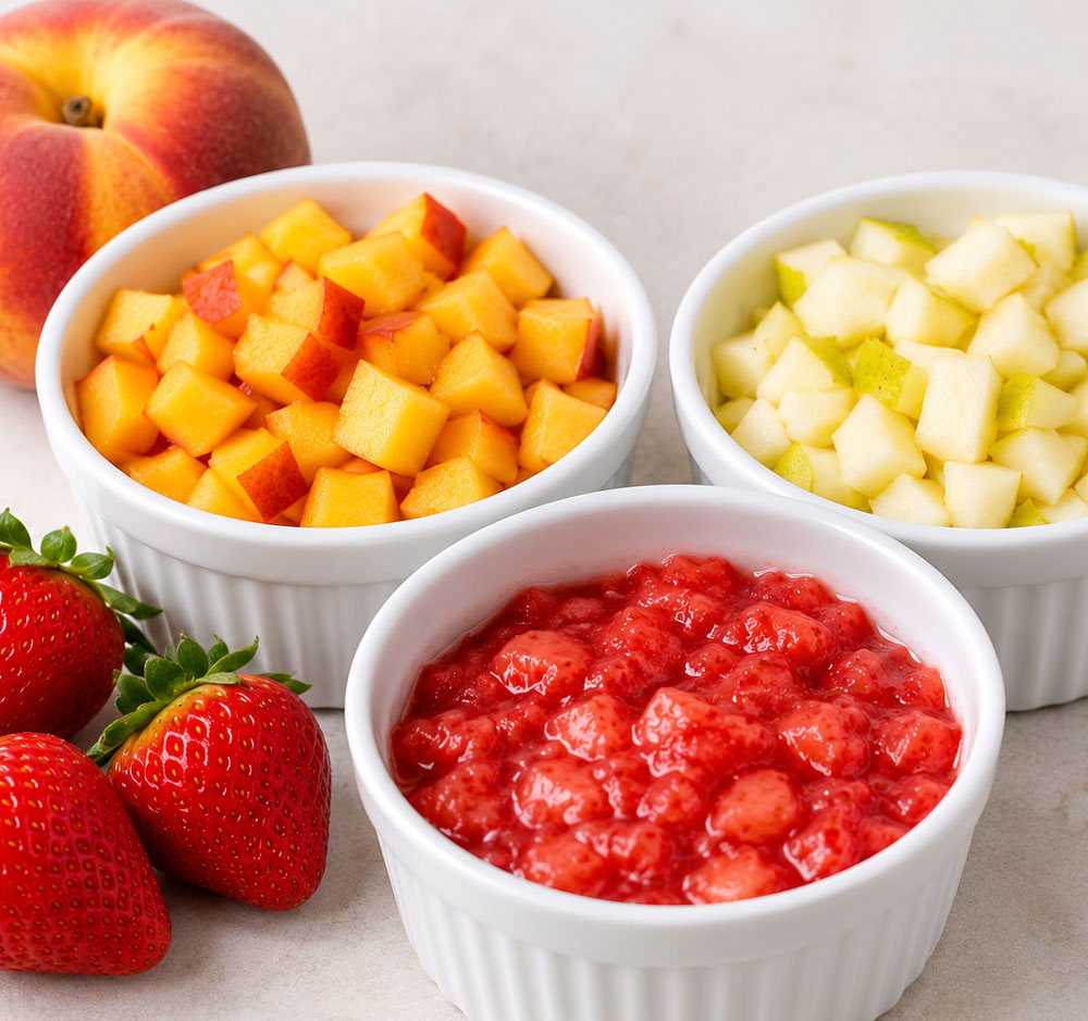 diced peach pear mashed strawberry bowls
