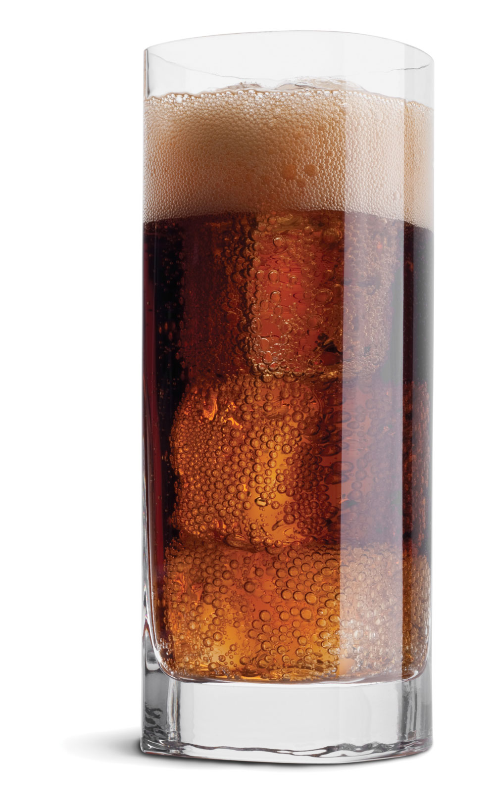 Tall glass of cola with ice and foam