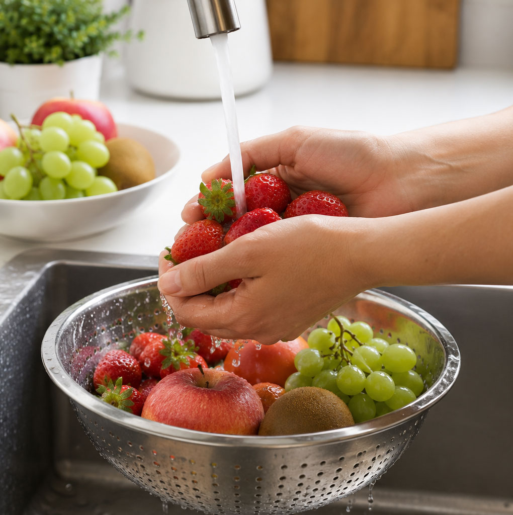 Hands rinsing strawberries in a colander under water