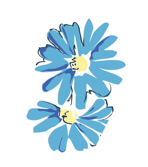 Blue flowers with yellow centers on transparent background